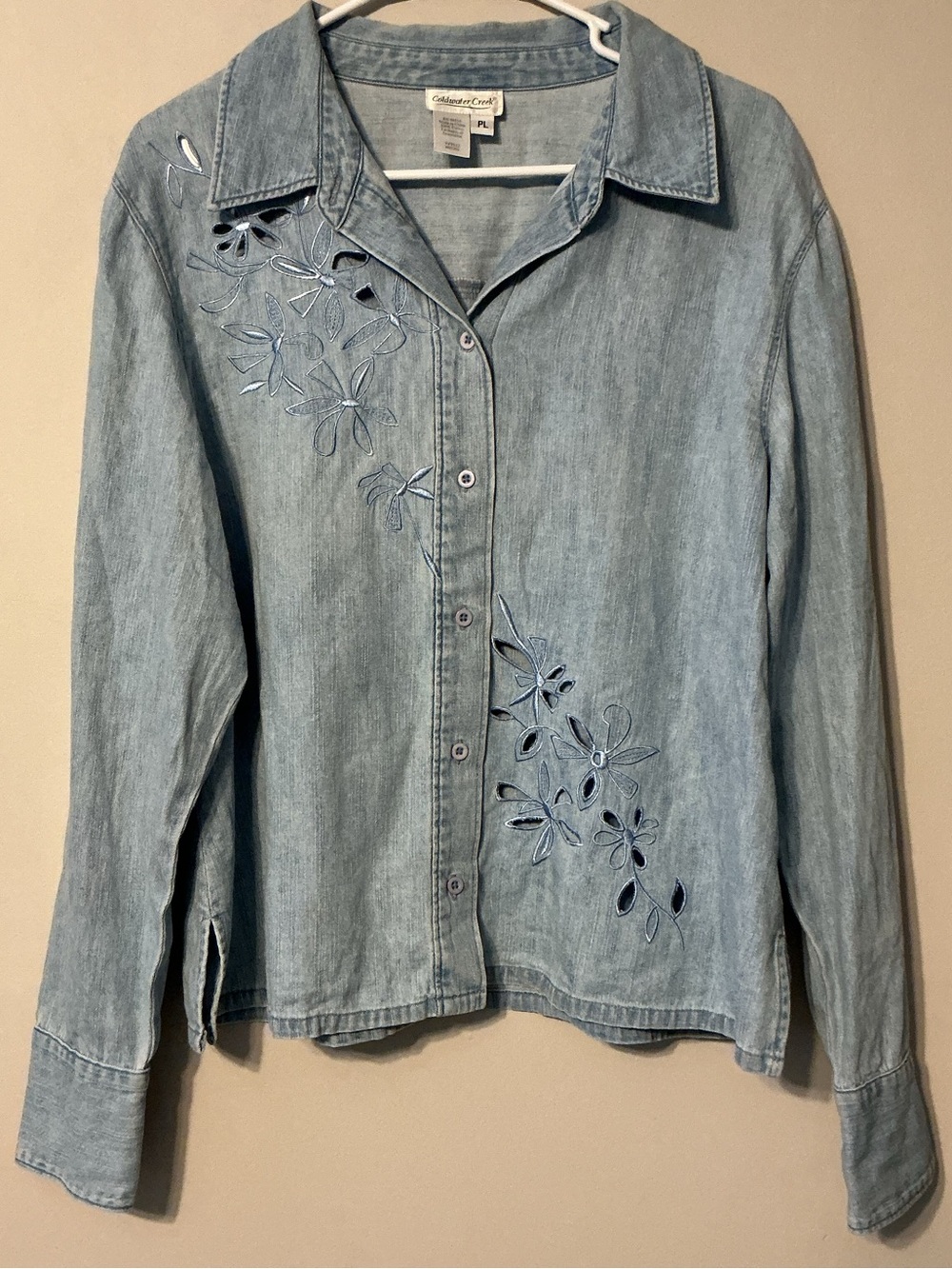 Coldwater Creek Light Blue Denim Button-Down Shirt with Floral Cutouts